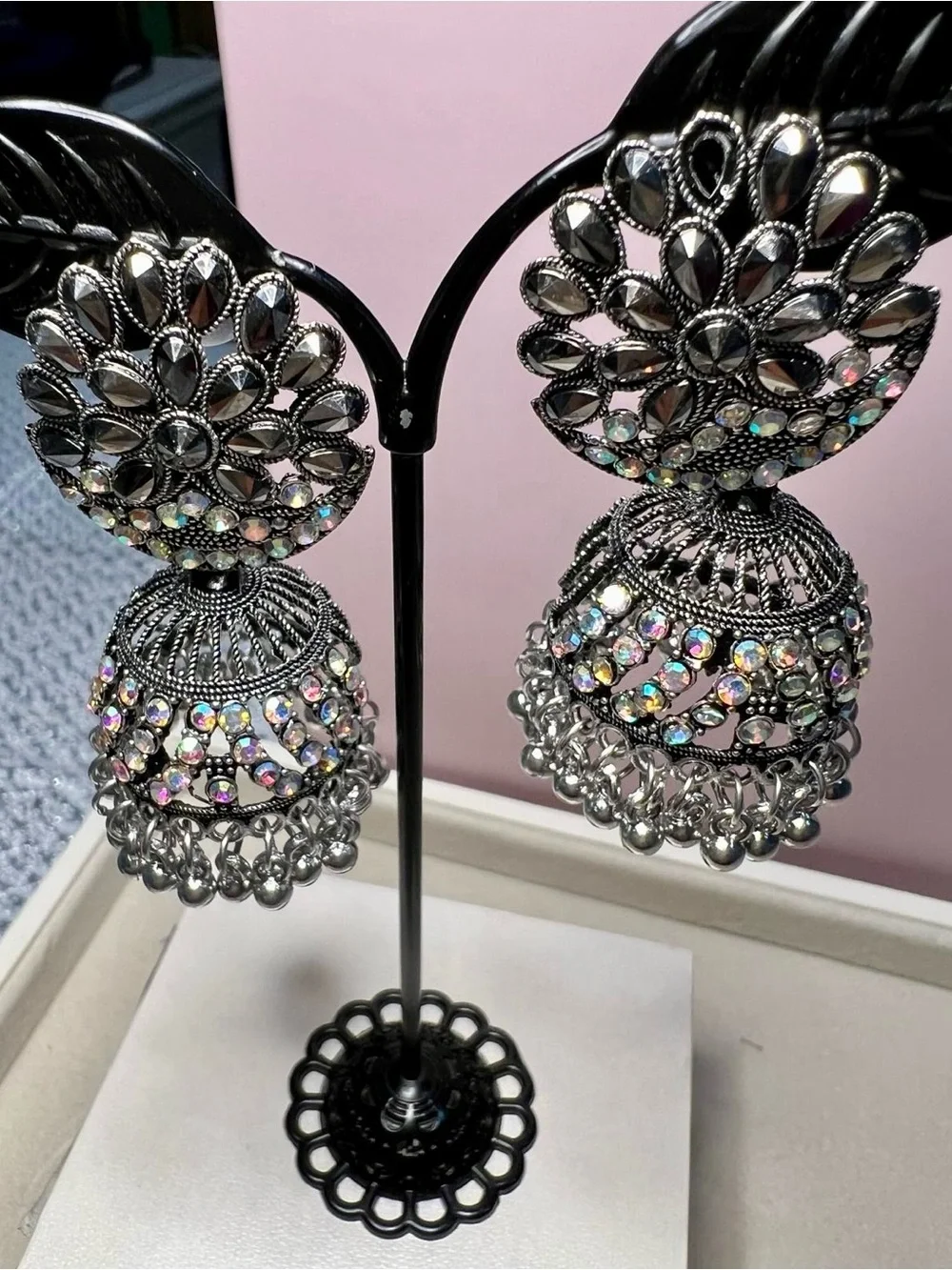 Silver Jhumka Earrings with Iridescent Crystal Accents